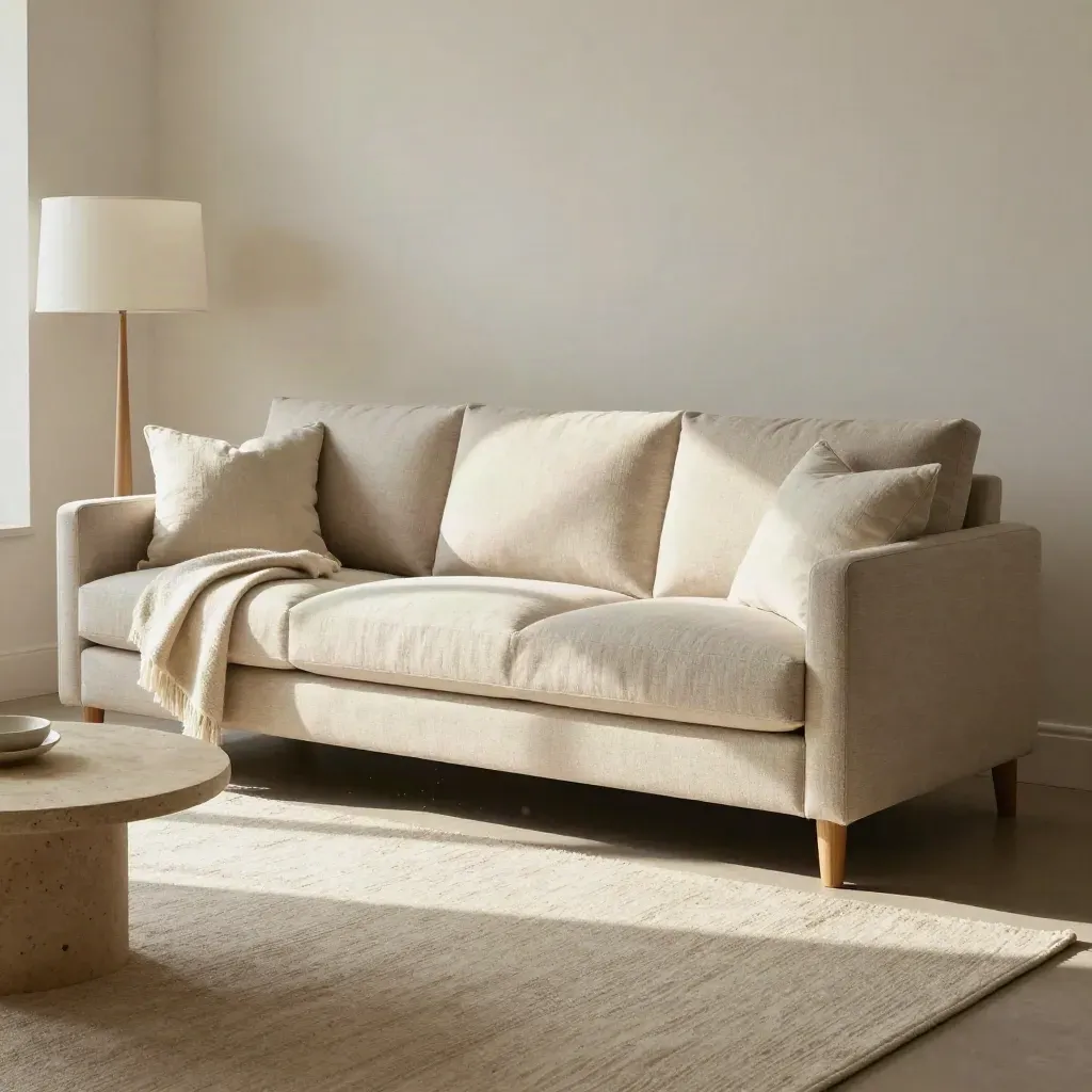 Oatmeal 3-seater sofa with throw, cushion, side table and lamp in bright studio light.
