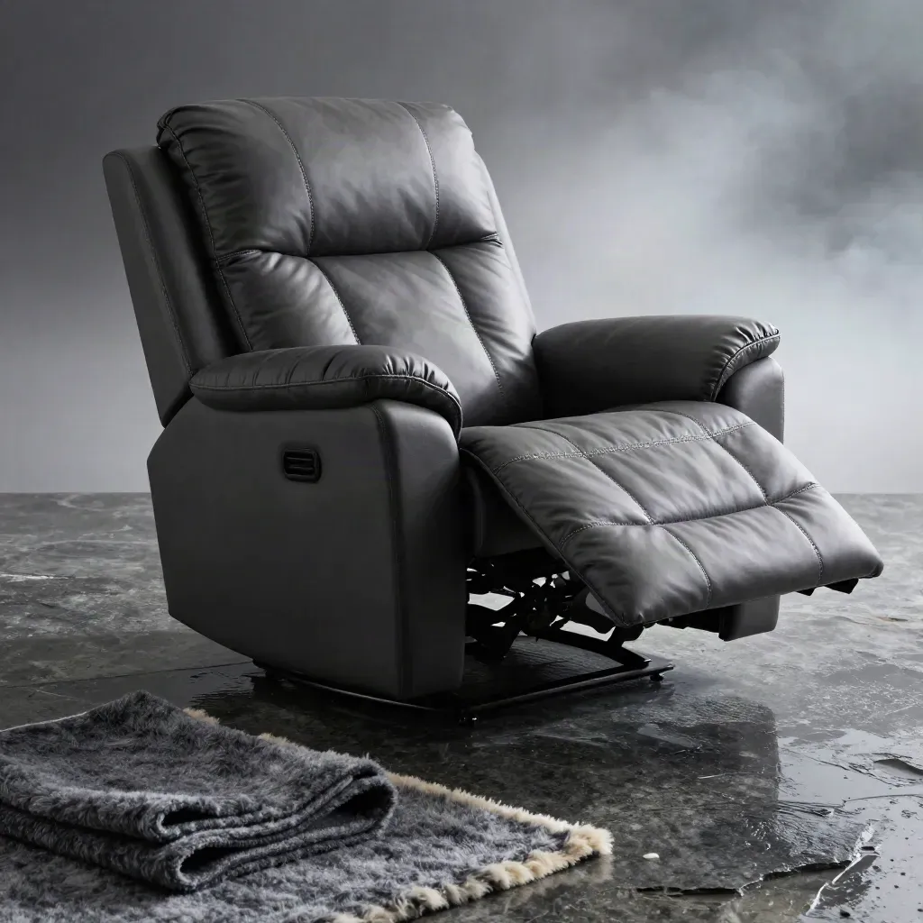 Charcoal leather recliner mid-recline on wet basalt, rim lit in mist.