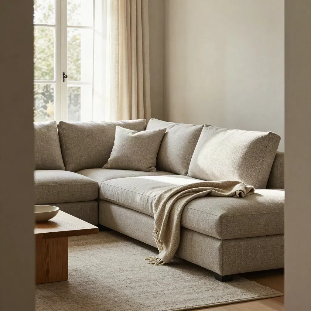 Sage corner sofa with throw and oak table in a bright, airy living room.