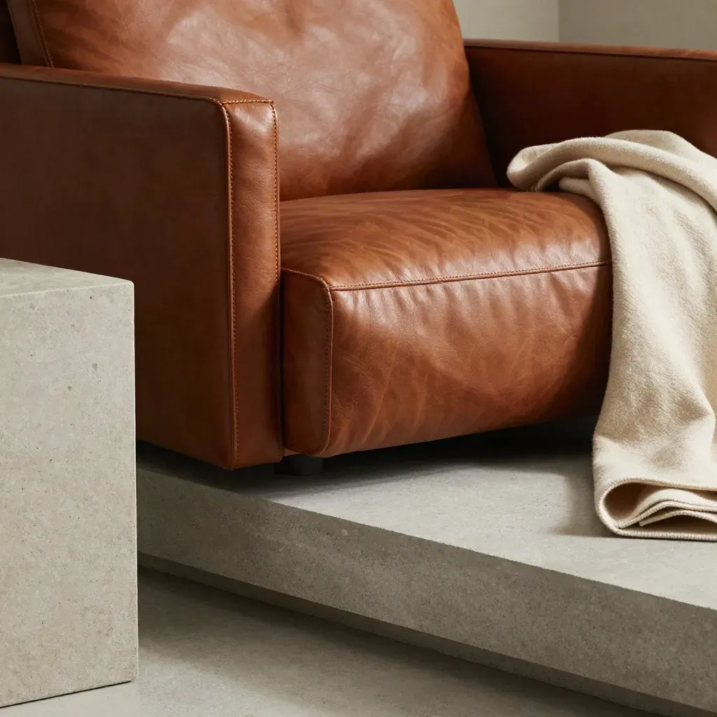 Macro side view of walnut leather sofa seam on concrete with stone table and folded throw.