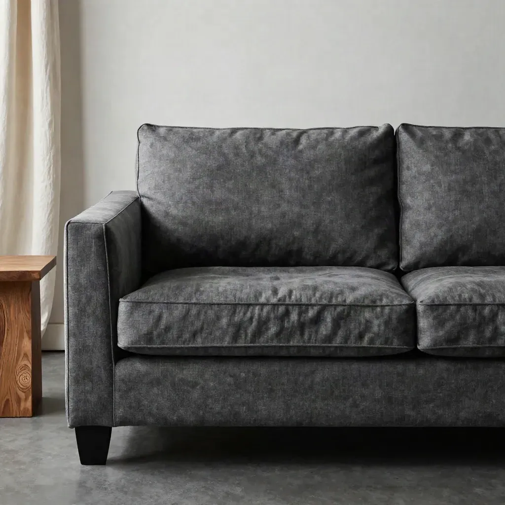 Charcoal linen three-seater beside plaster wall, oak table and folded curtain in dramatic studio light