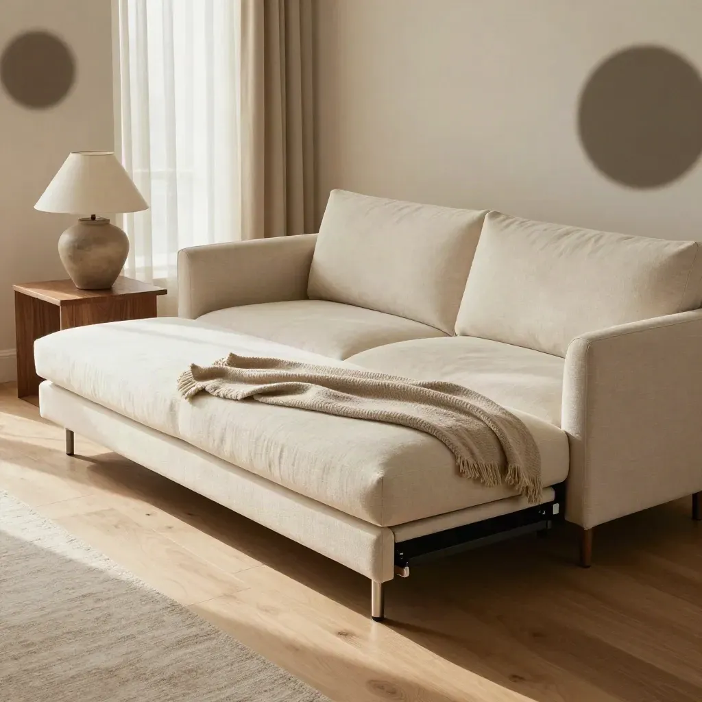 Ivory corner sofa bed in a loft room with curtains, lamp, throw and soft bokeh
