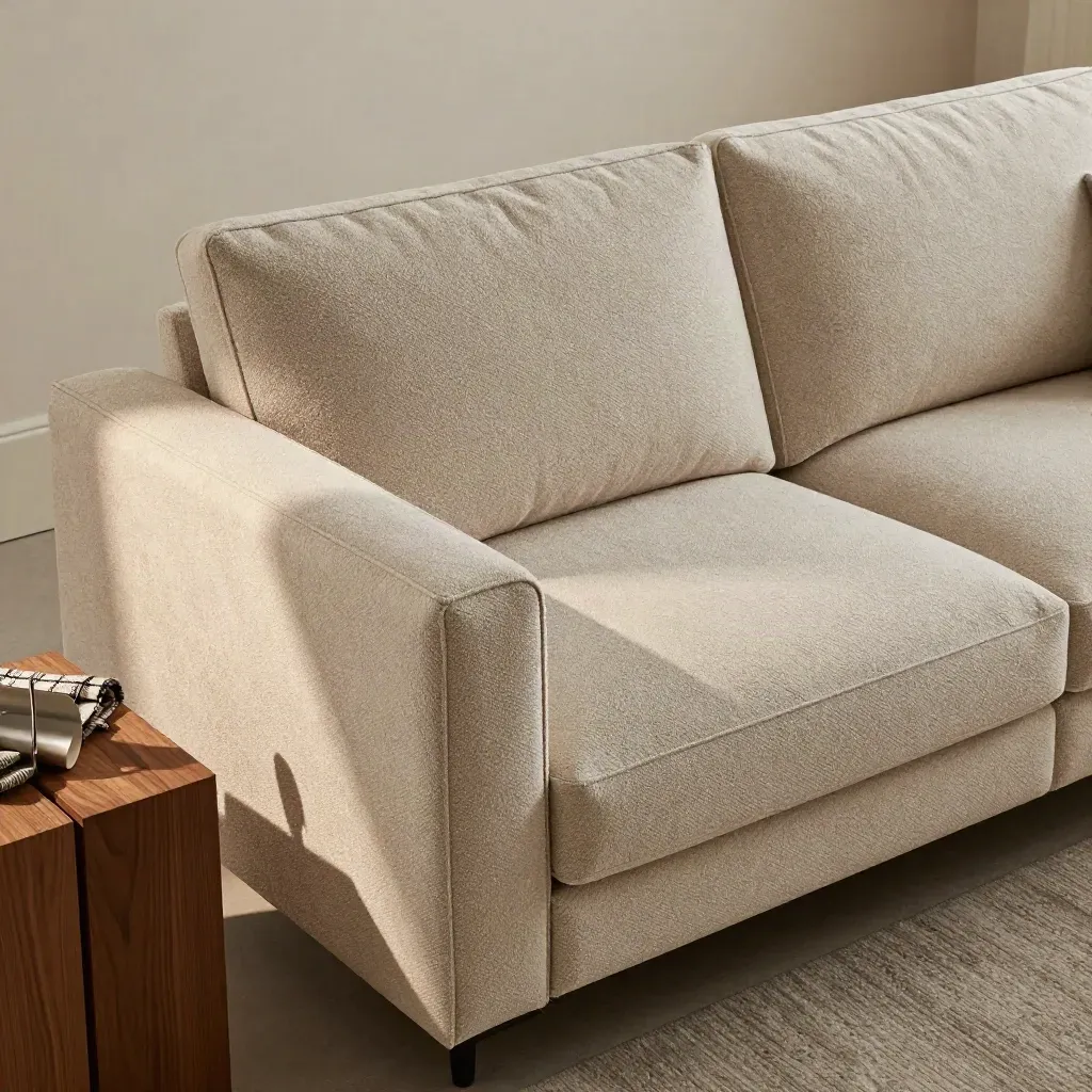 Oatmeal bouclé two-seater sofa with plaid throw, side table and slim lamp in soft daylight