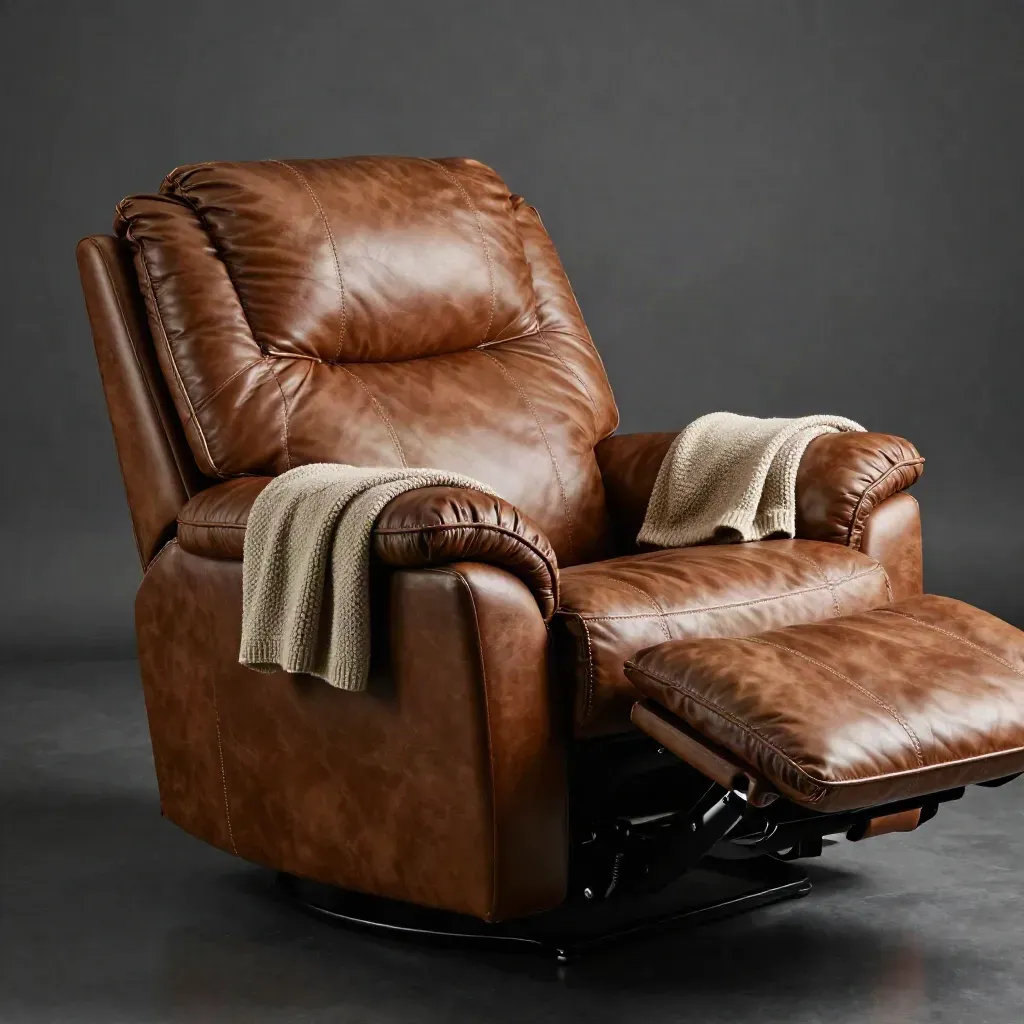 Saddle-brown leather recliner half-raised under dramatic studio light on a matte-black plinth.