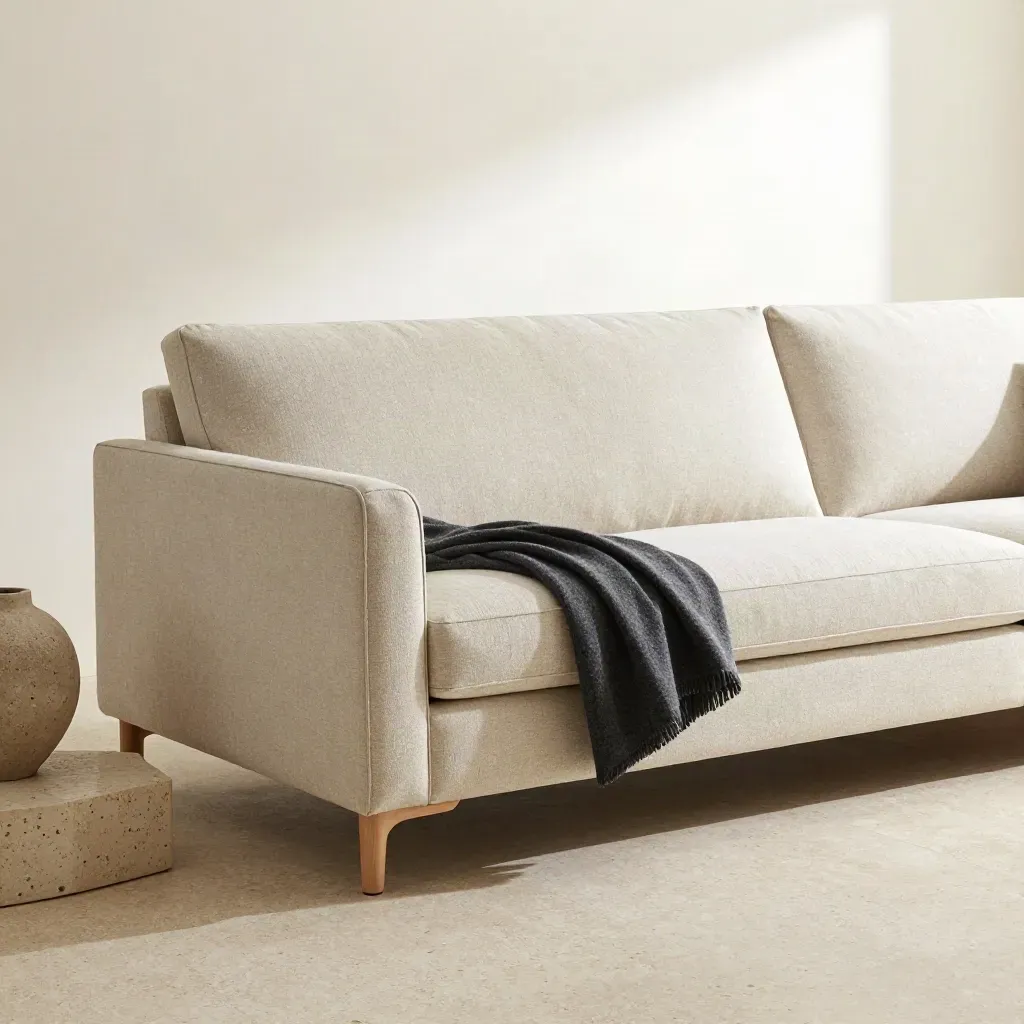 Marlow 2-Seater Sofa in oatmeal fabric on travertine with charcoal accents and soft daylight.