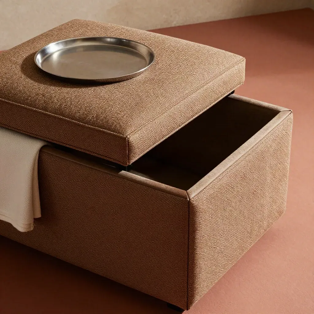 Half-open walnut tweed storage ottoman with folded throw and tray, viewed close from above