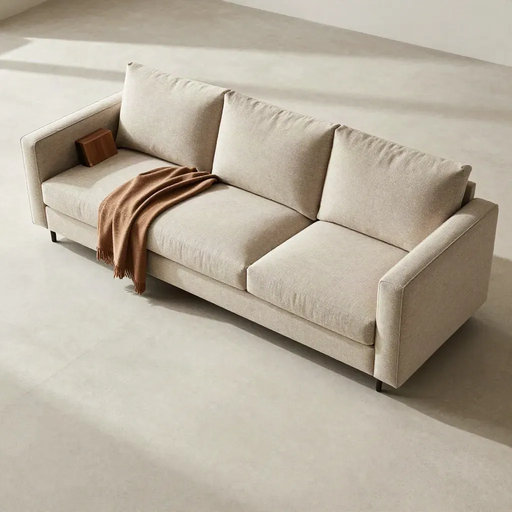 Overhead flatlay of a muted 3-seater sofa with aligned cushions and a folded throw on pale concrete.
