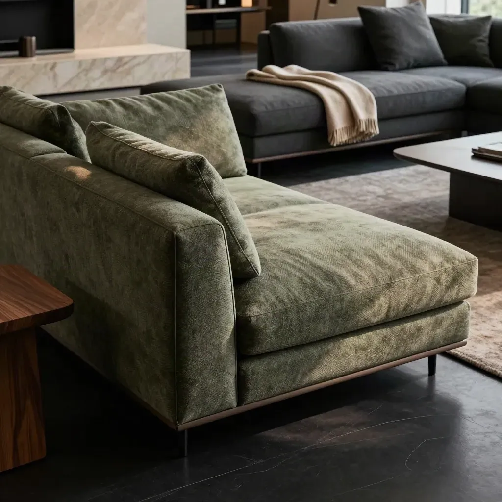 Dark dramatic sage corner sofa beside a stone plinth with hard rim light and haze.