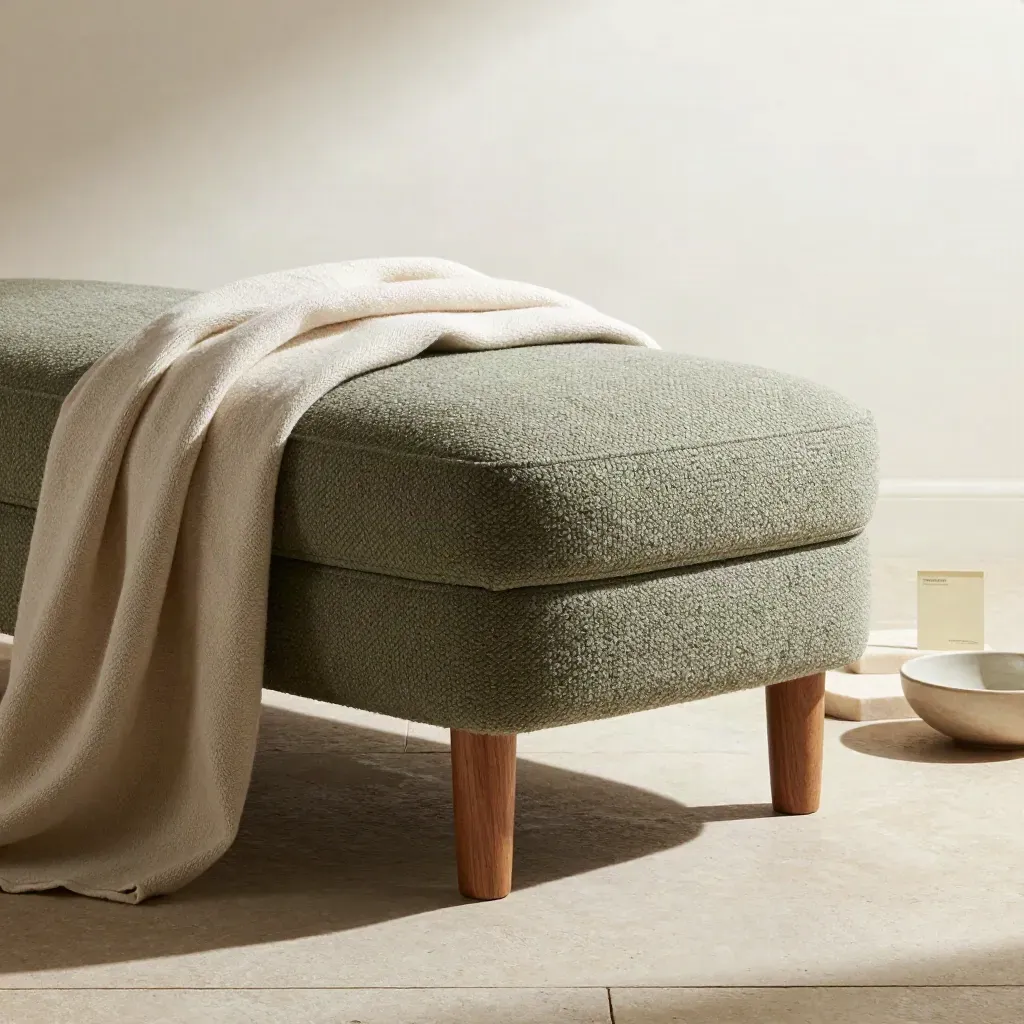 Sage bouclé footstool, blanket and ceramic bowl on limestone with a sharp diagonal light stripe.