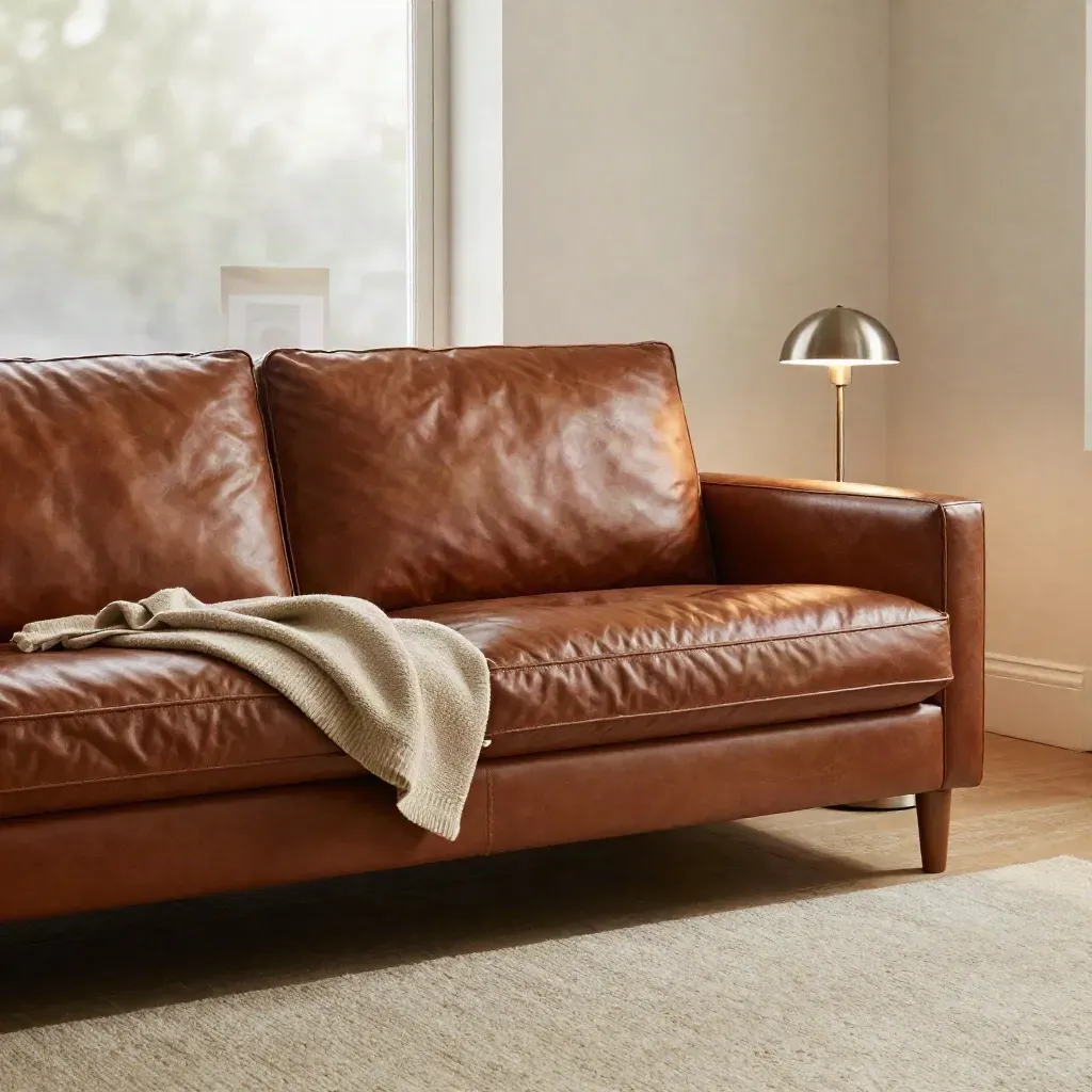 Brown leather 2-seater sofa in a townhouse nook with rug, lamp and folded throw.