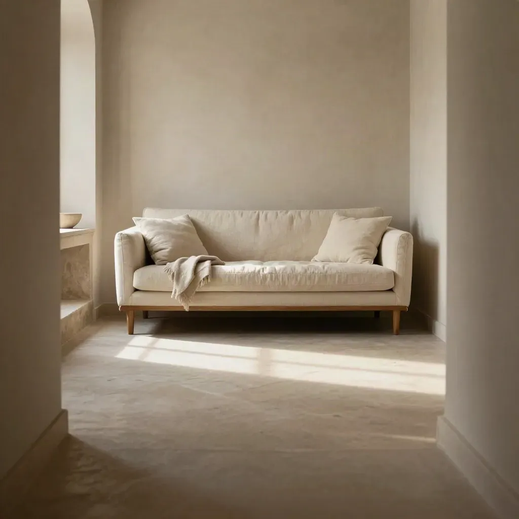 Cream two-seater in a sunlit plaster room with open floor and morning light