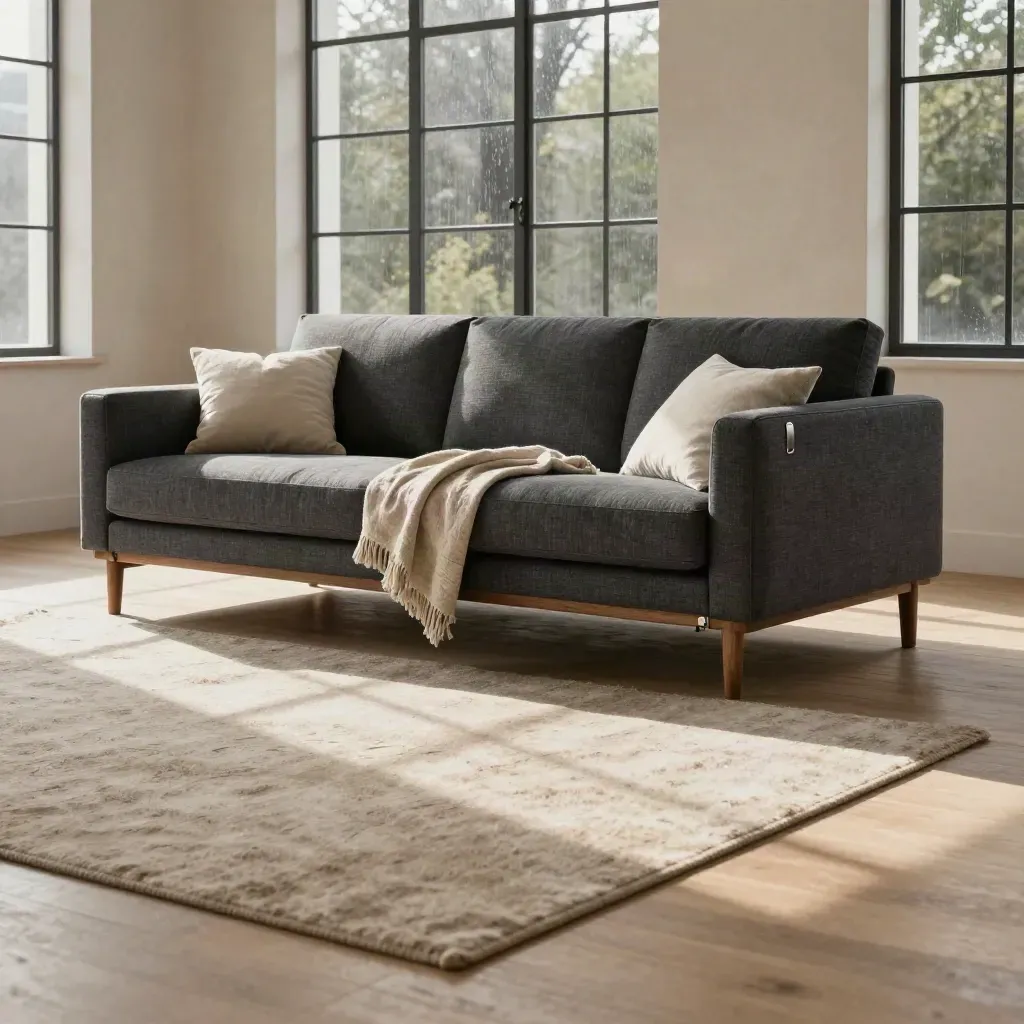 Charcoal sofa bed in a loft living room, open slightly for guests, with calm carpet and window glow.