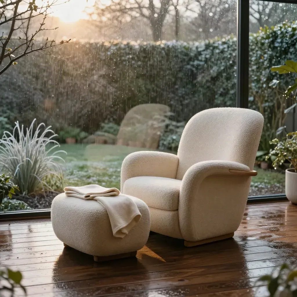 Oatmeal recliner in a glass garden room, wet decking and blurred winter garden in golden-hour light.