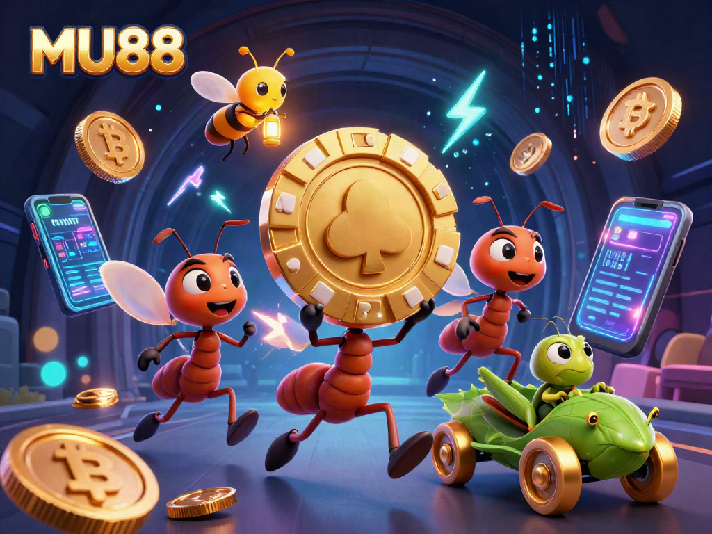 Engage with MU88 as cartoon ants carry a giant poker chip, set in a vibrant, 3D casino heist scene.
