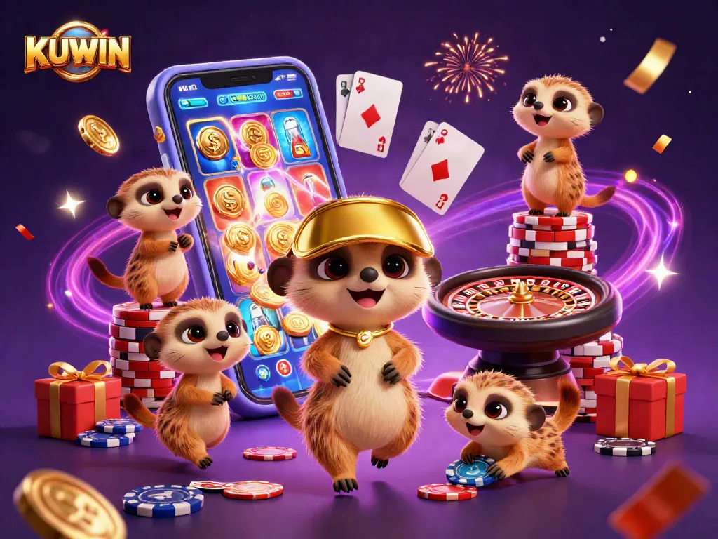 KUWIN casino fun with meerkats celebrating wins and enjoying games in a vibrant, dynamic scene.