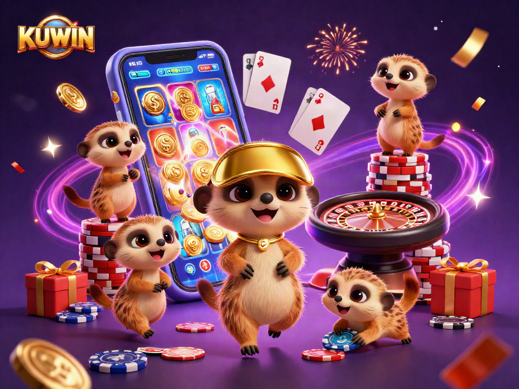 KUWIN casino fun with meerkats celebrating wins and enjoying games in a vibrant, dynamic scene.