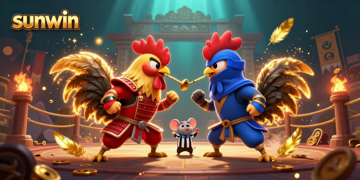 Join the excitement at Sunwin with 3D roosters battling in a vibrant casino scene.