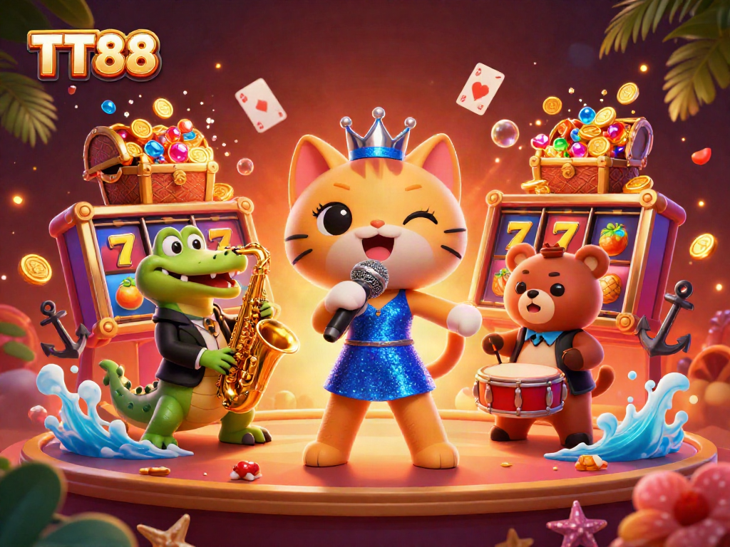 Experience TT88 excitement with a vibrant 3D casino illustration showcasing lively characters and slot elements.