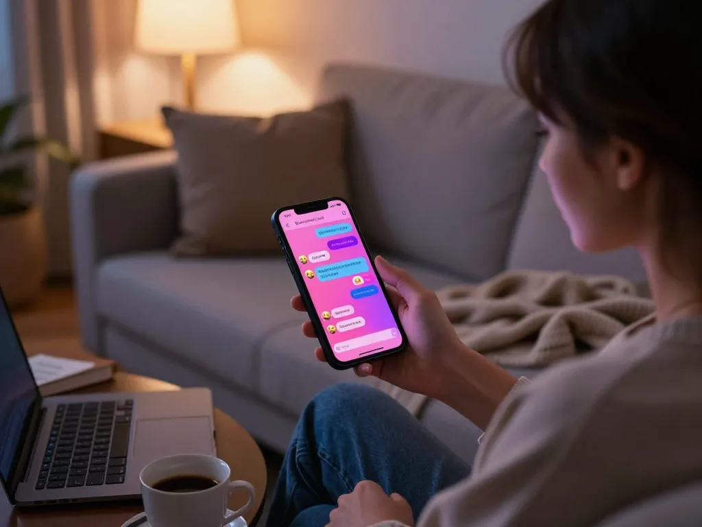 Engaging scene of a person enjoying a cozy chat with an AI companion, showcasing sex chat AI interaction.