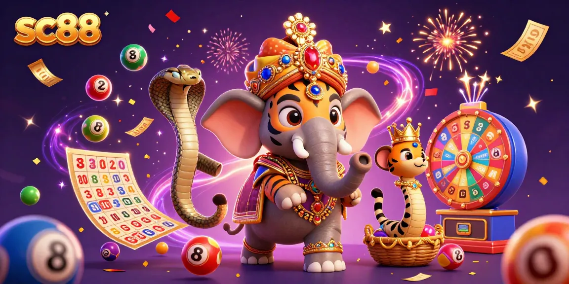 Experience sc88's vibrant lottery adventure with a maharaja, elephant, and celebrating cobra.