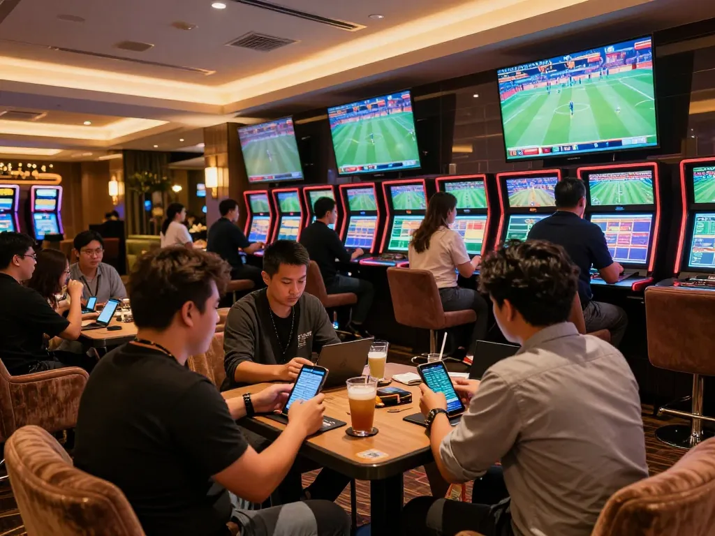 Engaged bettors analyzing live sports events at 77LOC's vibrant betting lounge.