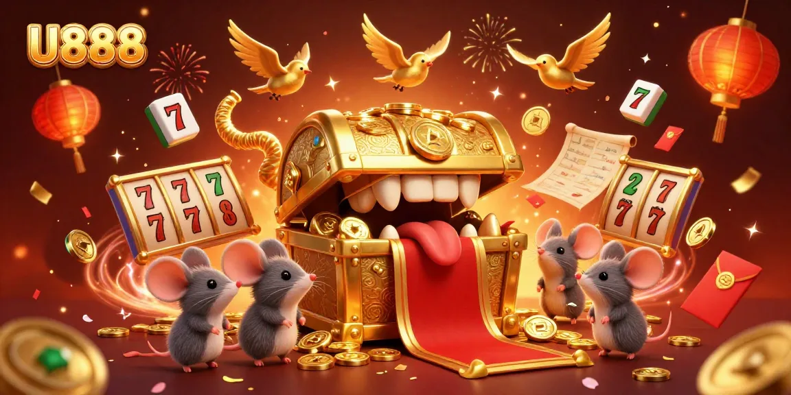 Experience U888's exciting casino adventure with a dynamic treasure scene of slot reels and festive elements.