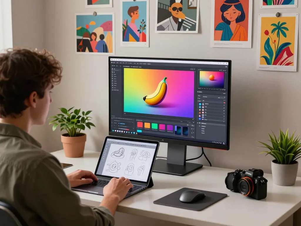Designer focused on editing images using nano banana ai software in a modern creative workspace.