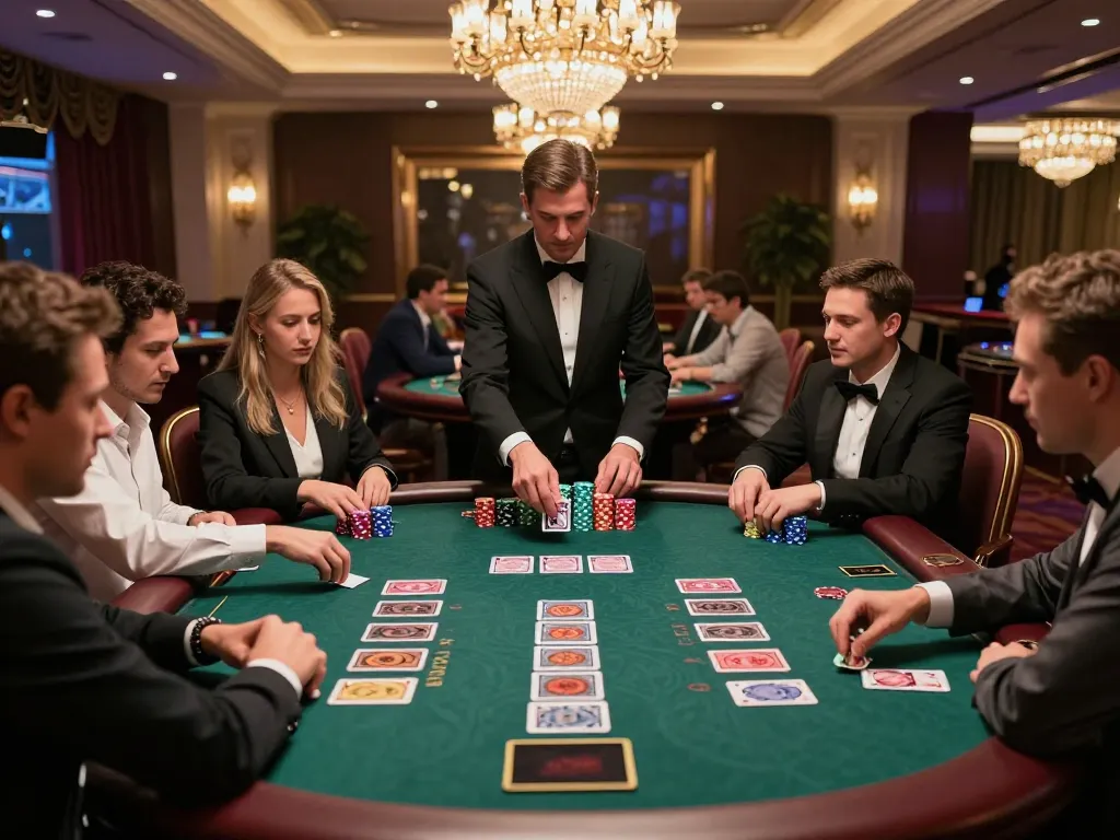 Players enjoying blackjack at a casino table, creating a lively atmosphere around nhà gaming.