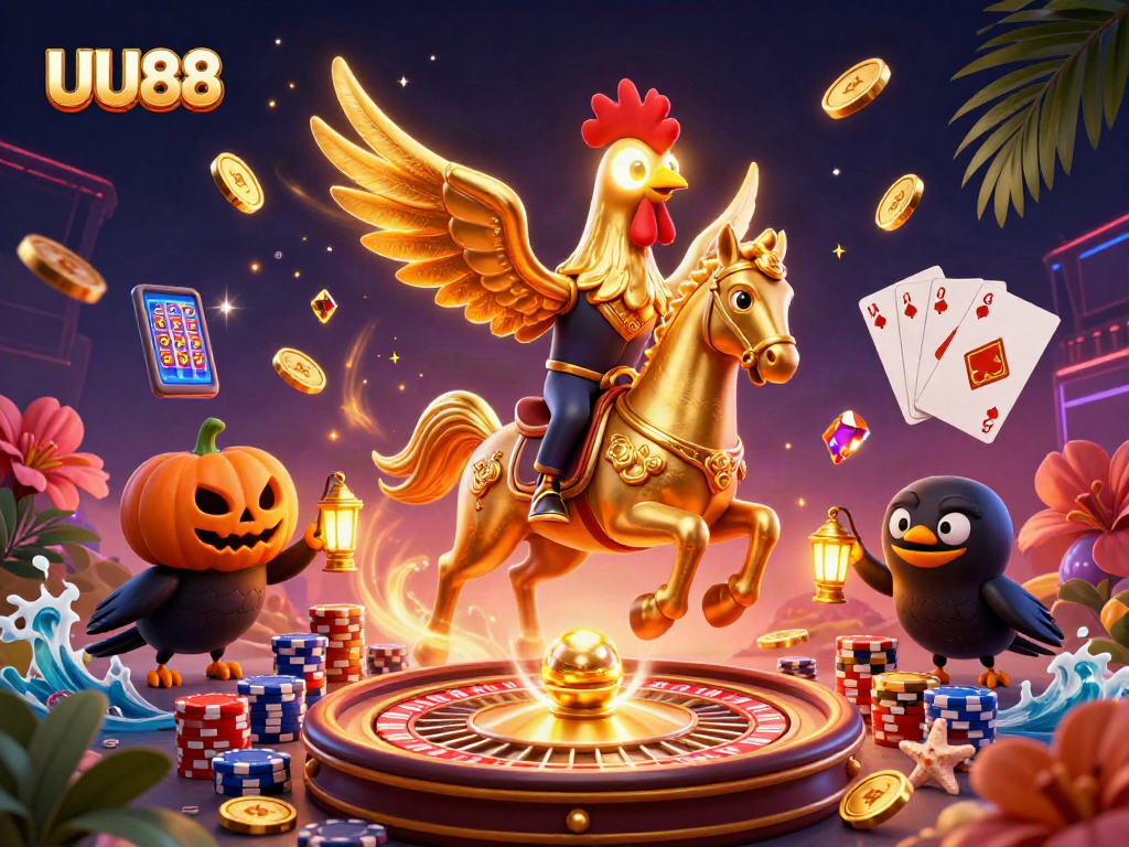 Experience the thrilling UU88 gaming adventure with a golden rooster and spectacular casino elements!