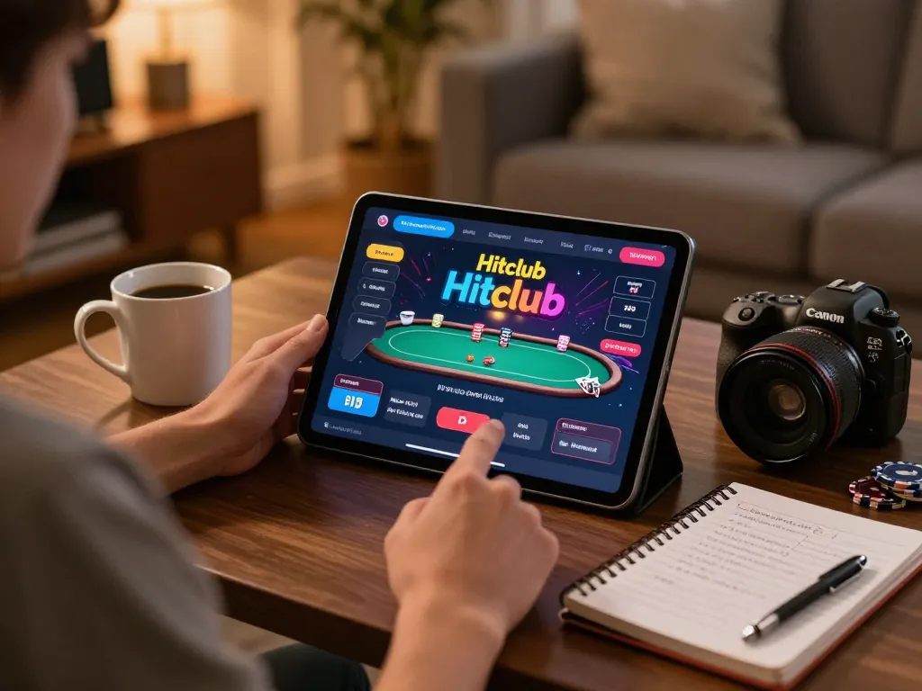 Engaging player exploring Hitclub's poker games on a tablet in a cozy home setting.