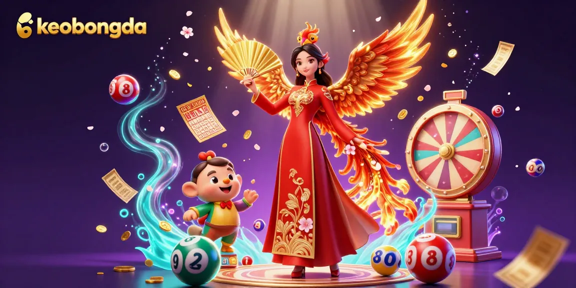 Discover vibrant keobongda elements in a lively casino scene filled with lottery balls, golden tickets, and a graceful woman.