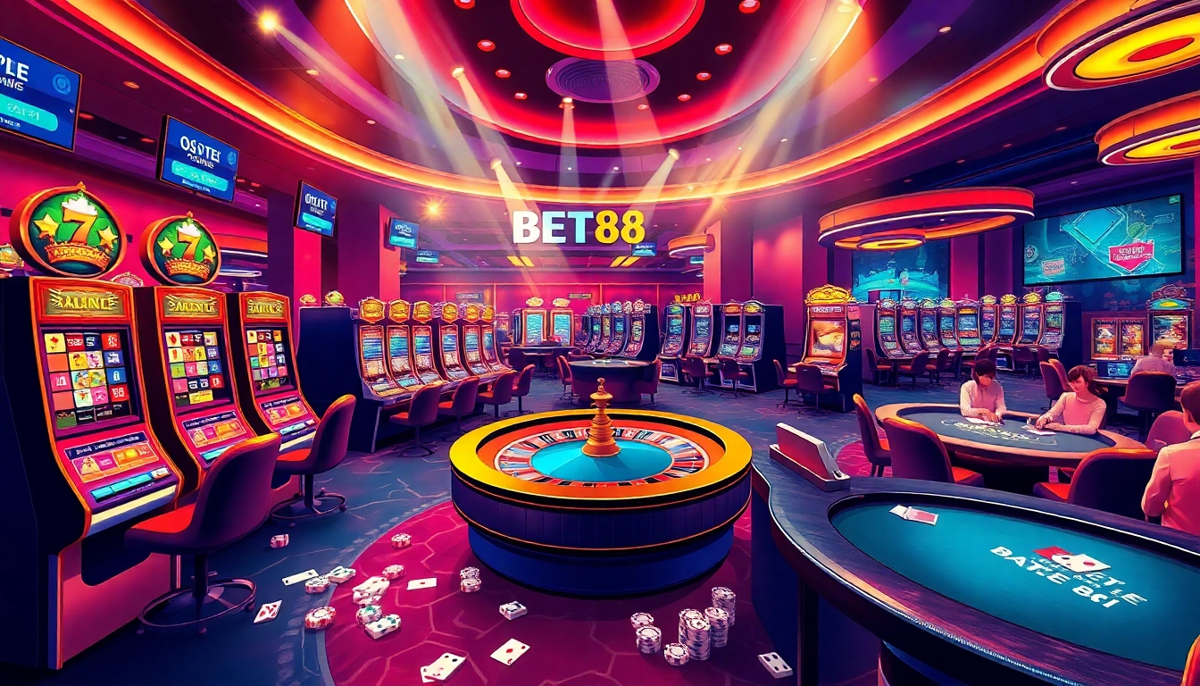 BET88 gaming floor bustling with excitement featuring roulette, slots, and poker tables.