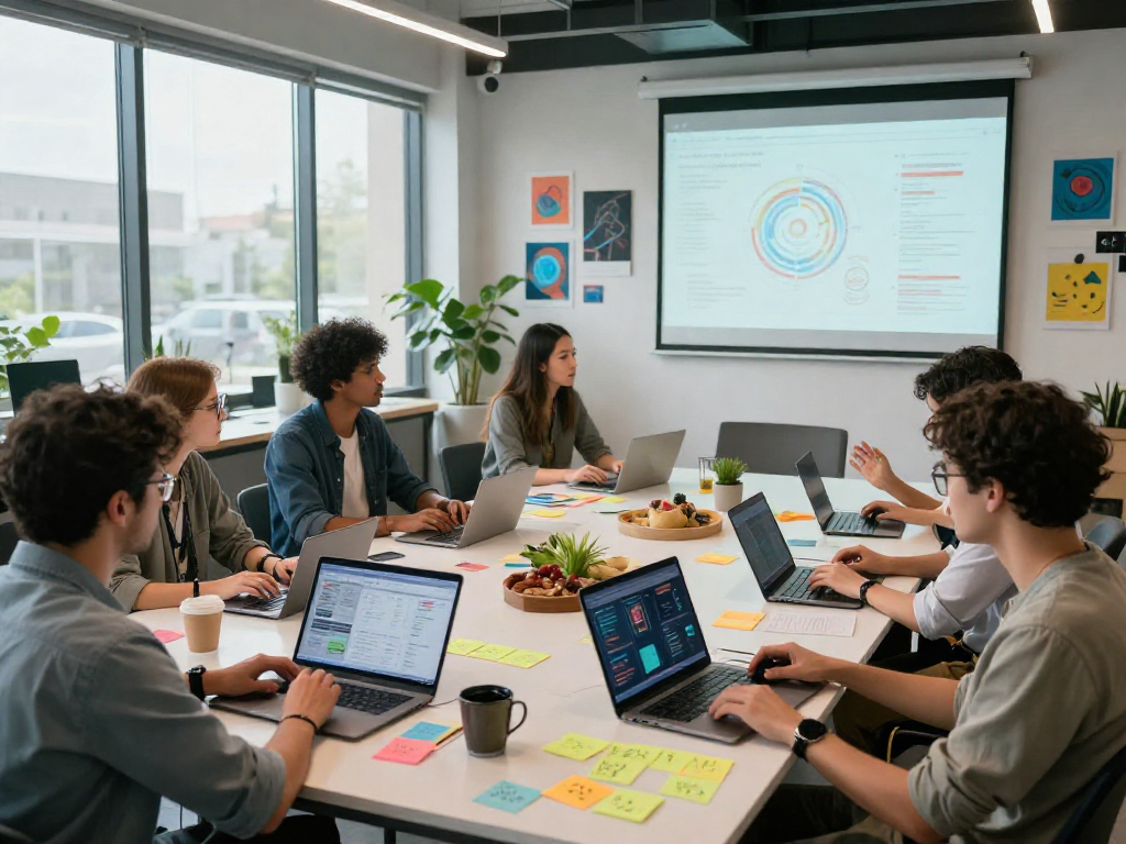 Creative team collaborating on 18+ ai innovations in a modern workspace