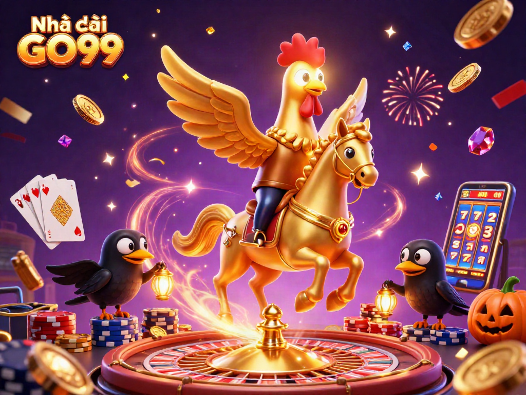 Experience the excitement at Nhà cái GO99 with a vibrant casino scene featuring a golden rooster and wins.