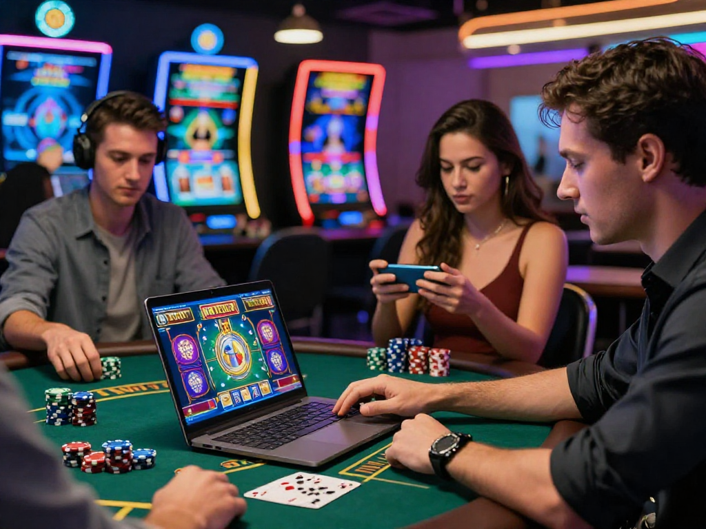 Engaged players exploring US online casinos on laptops and smartphones in a vibrant casino atmosphere.