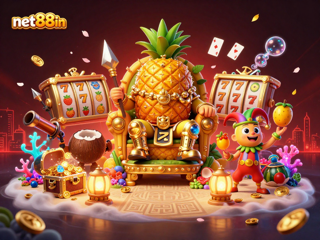 Experience thrilling gameplay with net88in as the golden pineapple king and friends entertain in a vibrant casino.