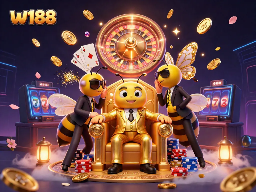 Experience exhilarating gaming with w188, featuring an animated casino scene with vibrant characters and dynamic game elements.