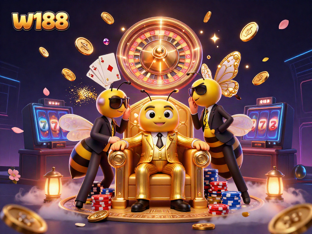 Experience exhilarating gaming with w188, featuring an animated casino scene with vibrant characters and dynamic game elements.