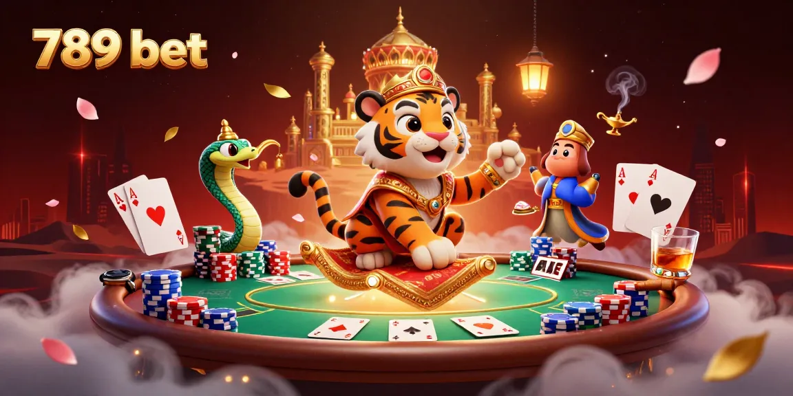 Engage in thrilling gameplay at 789 bet with a vibrant casino scene featuring a tiger sultan and poker elements.