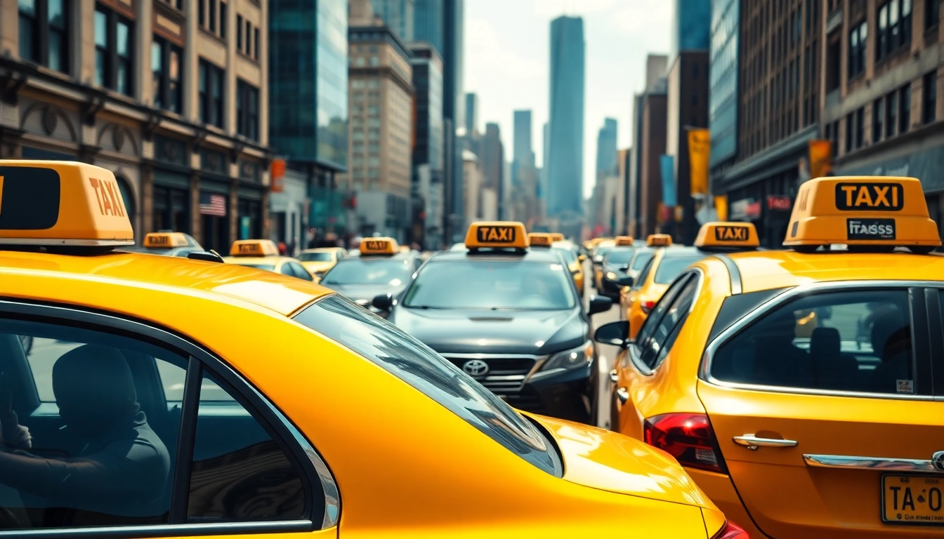 Taxis waiting in a busy city street, highlighting urban transportation options.
