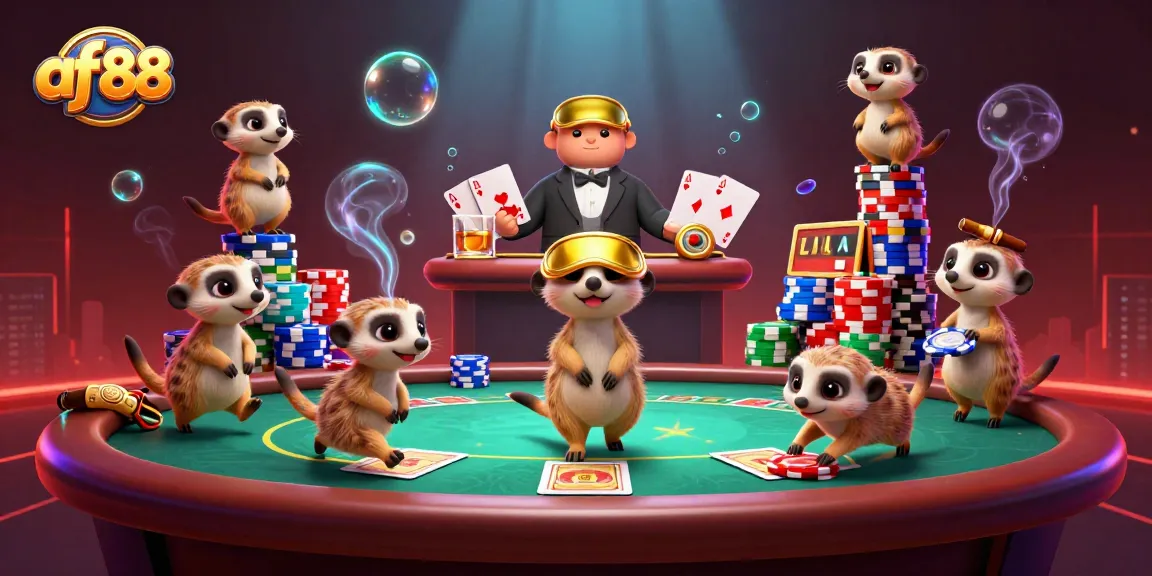 Engage with af88 at a lively casino scene with playful meerkats and poker action.