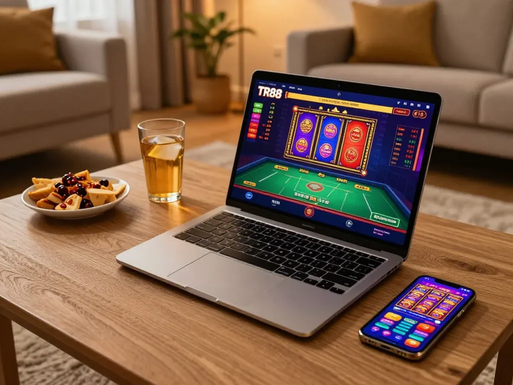 Engaging in TR88 casino gaming with laptop and smartphone in a cozy home setup
