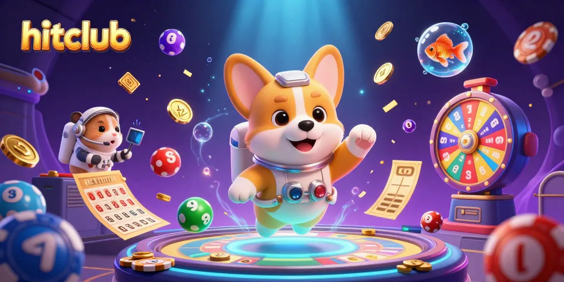 Hitclub's exhilarating space casino scene with a corgi and hamster, showcasing vibrant lottery elements.