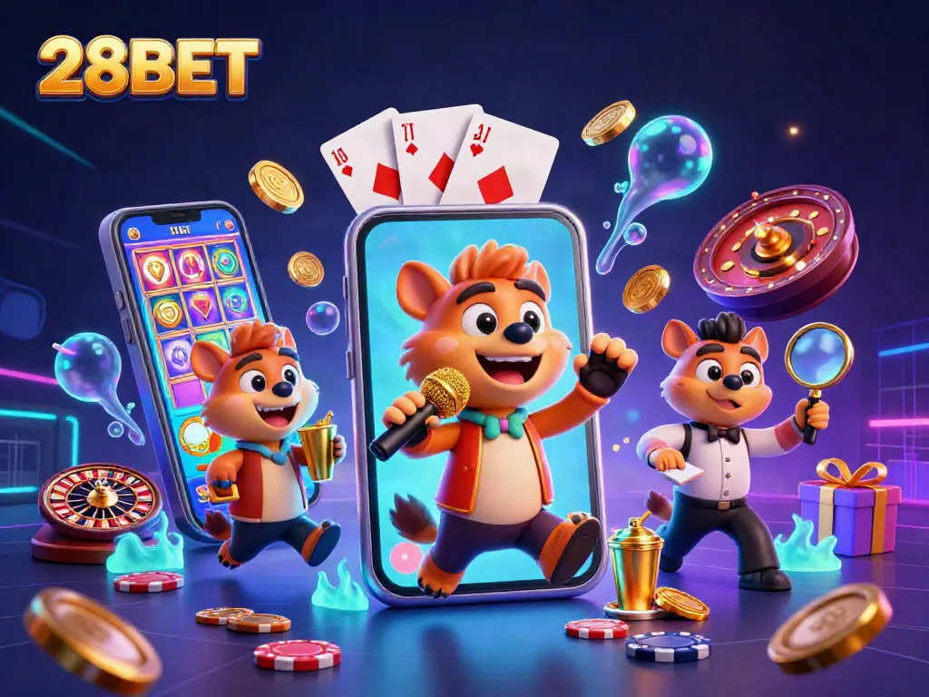 Engage with 28BET at a vibrant comedy casino club featuring energetic hyenas, spinning slot game action.