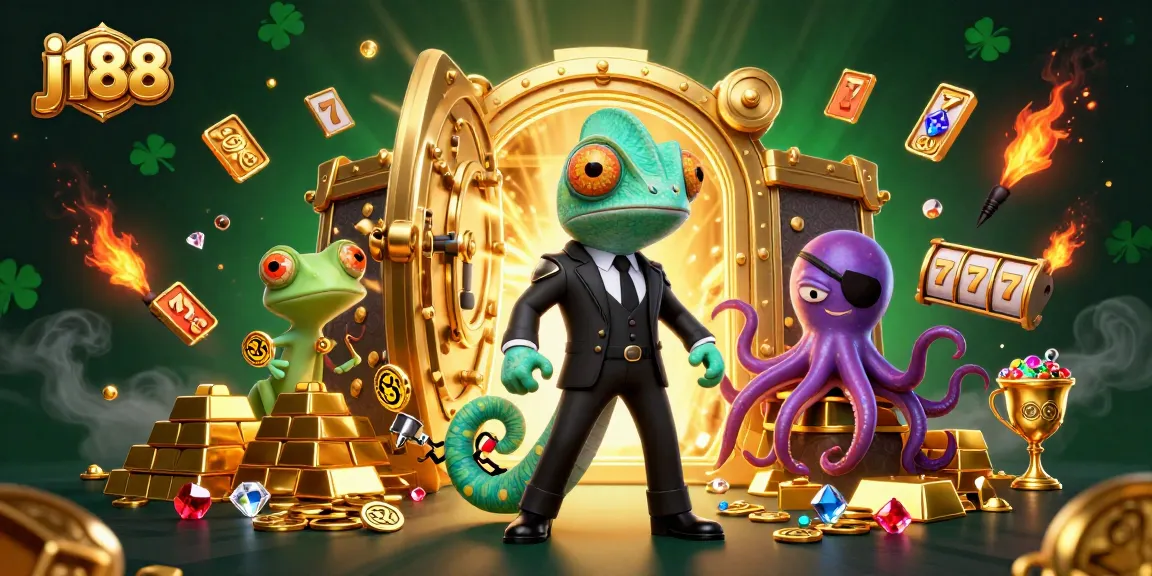 Win big with j188 in a dynamic 3D casino scene featuring colorful slots and wealthy treasures.