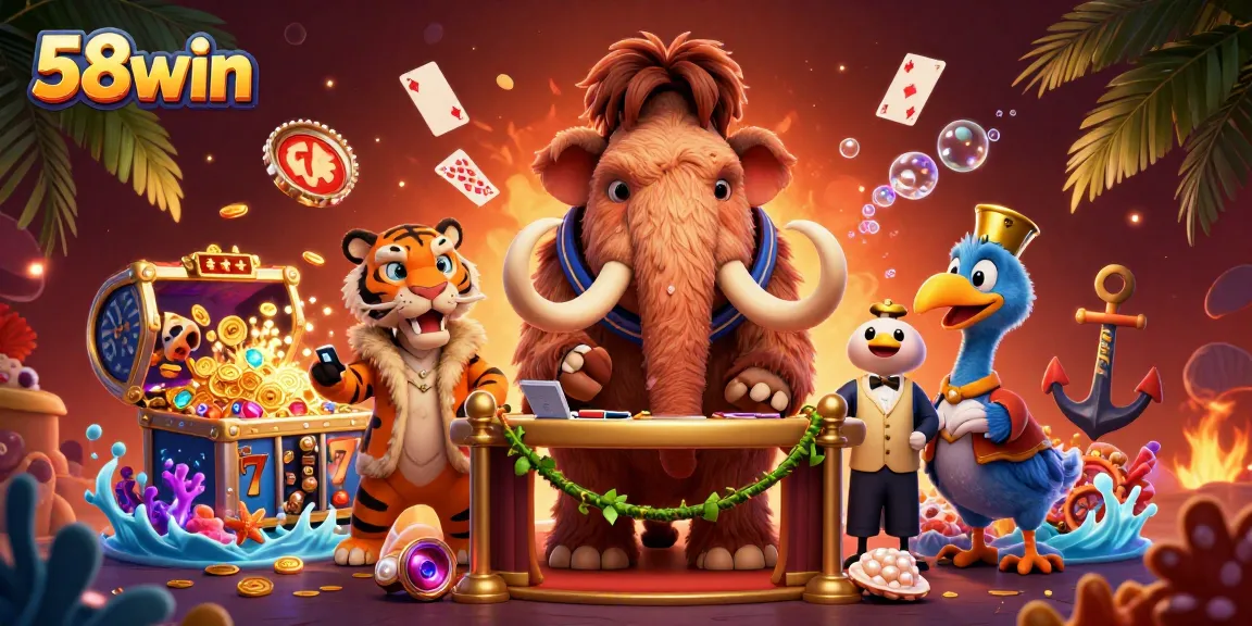 Engage with 58win's vibrant casino scene featuring a woolly mammoth bouncer, saber-tooth VIP, and dynamic slot elements.