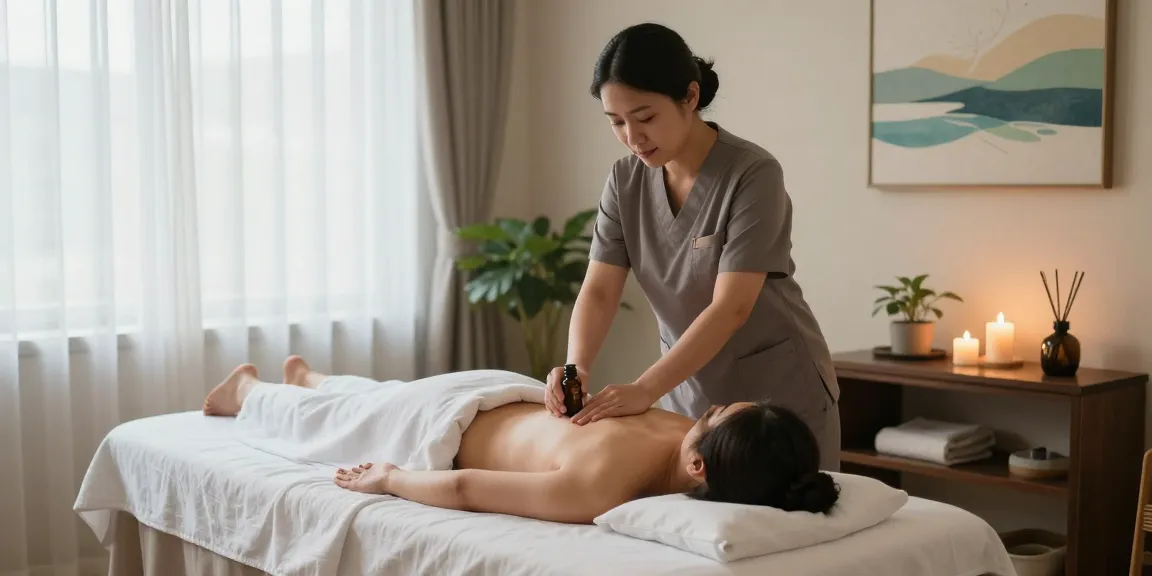 Relaxing 화정출장마사지 in a tranquil spa with soothing ambiance and essential oils.