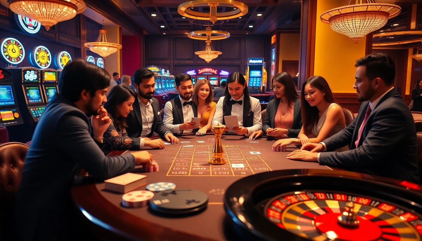 Players strategizing at a casino table with vibrant elements, highlighting nhà cái dh88 excitement.