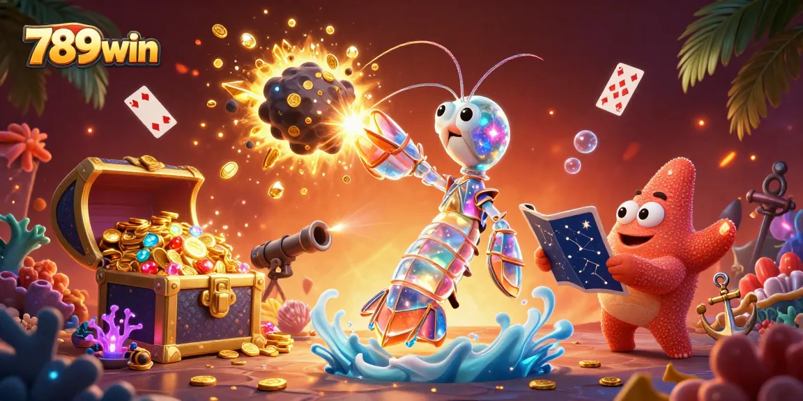 Explore thrilling 789win gaming adventures with a galactic samurai shrimp in a vibrant casino environment.