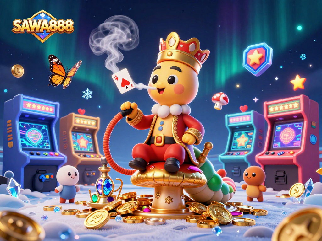 Experience thrilling play at SAWA888 with vibrant gaming elements and captivating characters in a rich illustration.